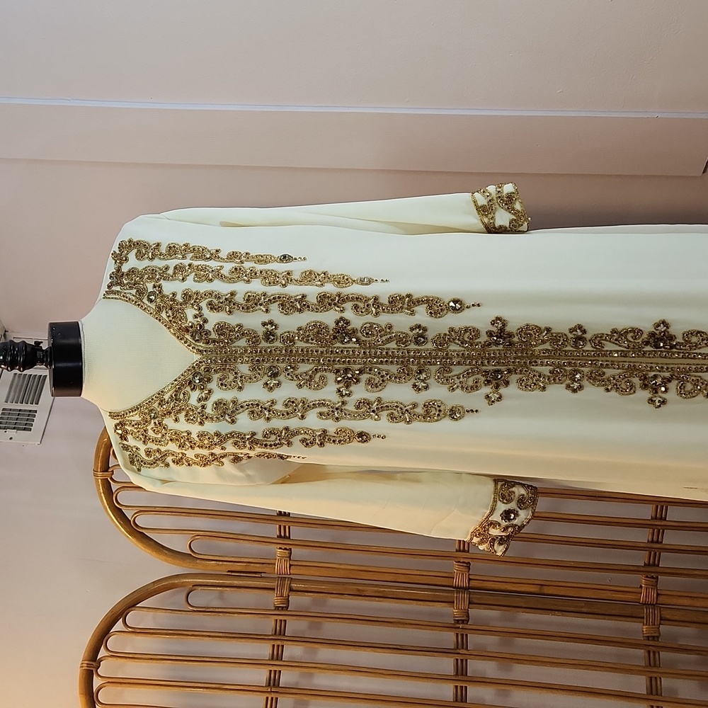 Abdulla Shehab Trading kaftan evening gown cream colored gold beads and crystals